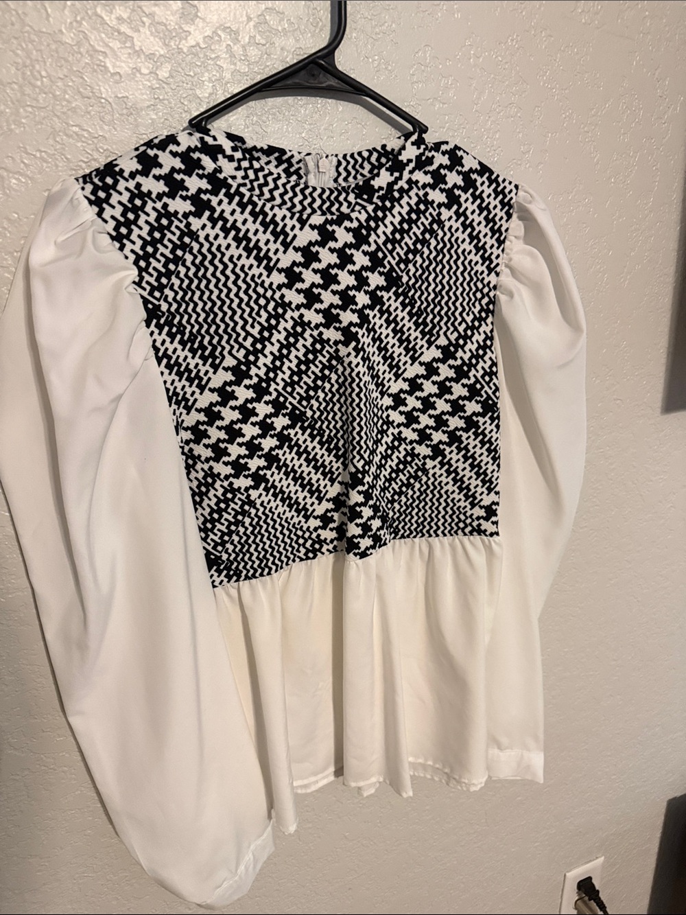 Black & White Patterned Yoke Blouse with Puff Sleeves